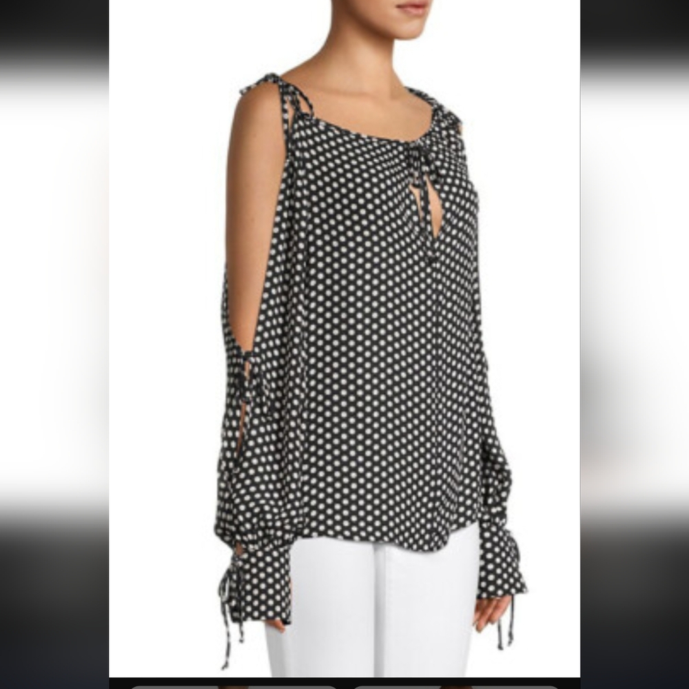 MILLY Black And White Polka Dot Silk Tie Shoulder Blouse M